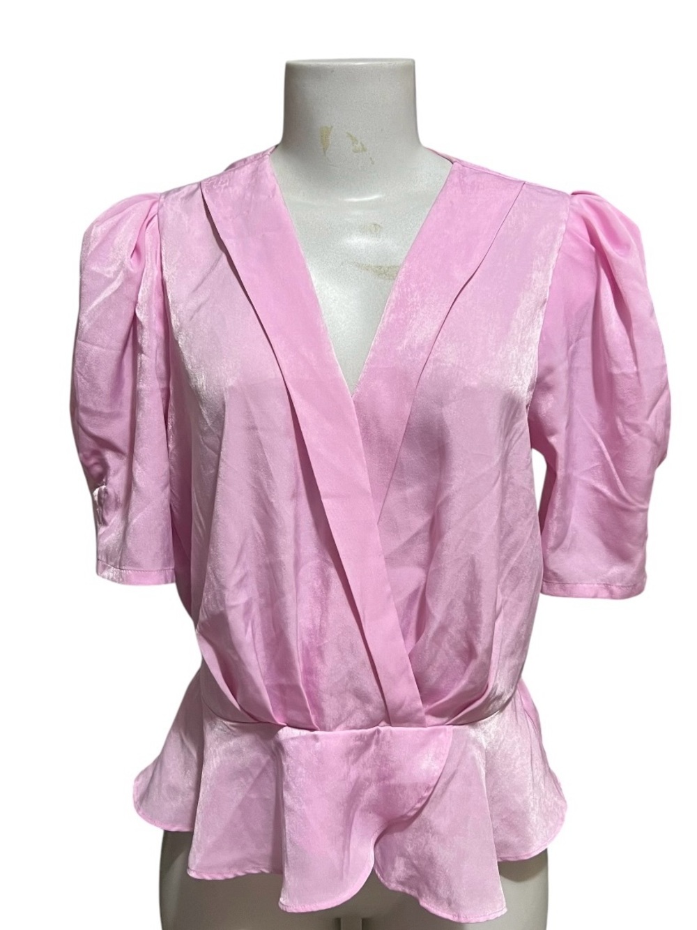 DKNY Blouse Pink Metallic Iridescent Peplum Top V Neck Puff Sleeves Coquette Y2K
